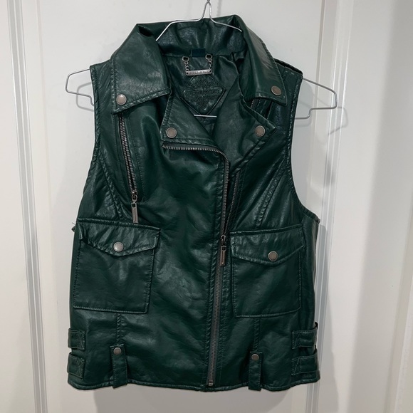 JOUJOU FAUX LEATHER WOMEN GREEN JACKET BIKER VEST SIZE S VINTAGE ZIP UP/POCKETS - Picture 1 of 8